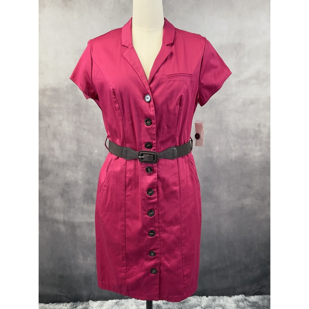 Vintage 90s Shirt Dress Size 12 Pink Stretch Belted Preppy Business Retro Office